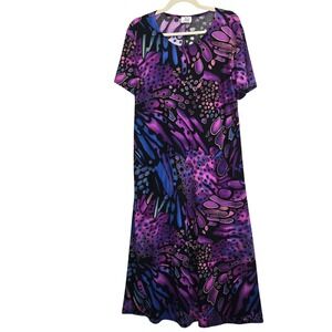 Jostar Womens Stretchy Maxi Dress Medium Purple Abstract Batik Short Sleeve‎ USA